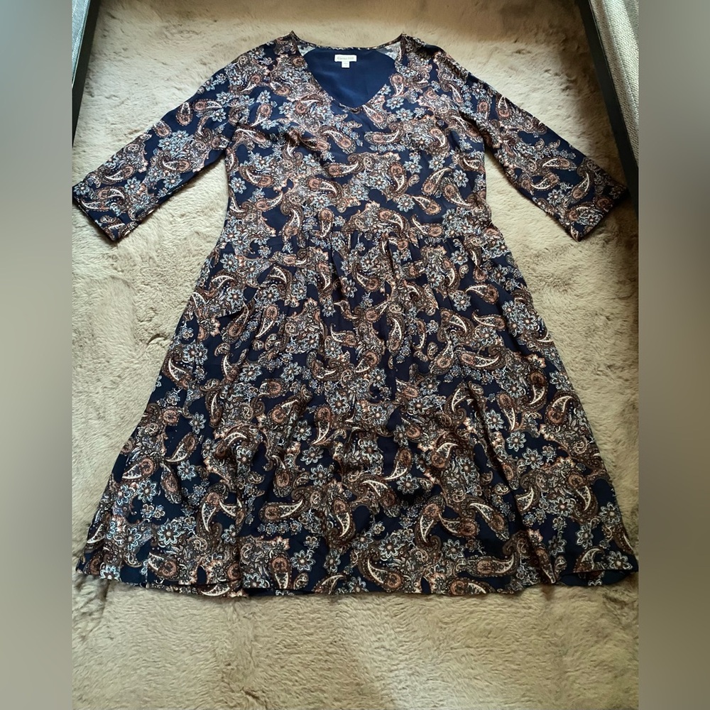 Garnet Hill Dress Paisley Print Navy V Neck 3/4 Sleeve Gathered Drop Waist Sz 6